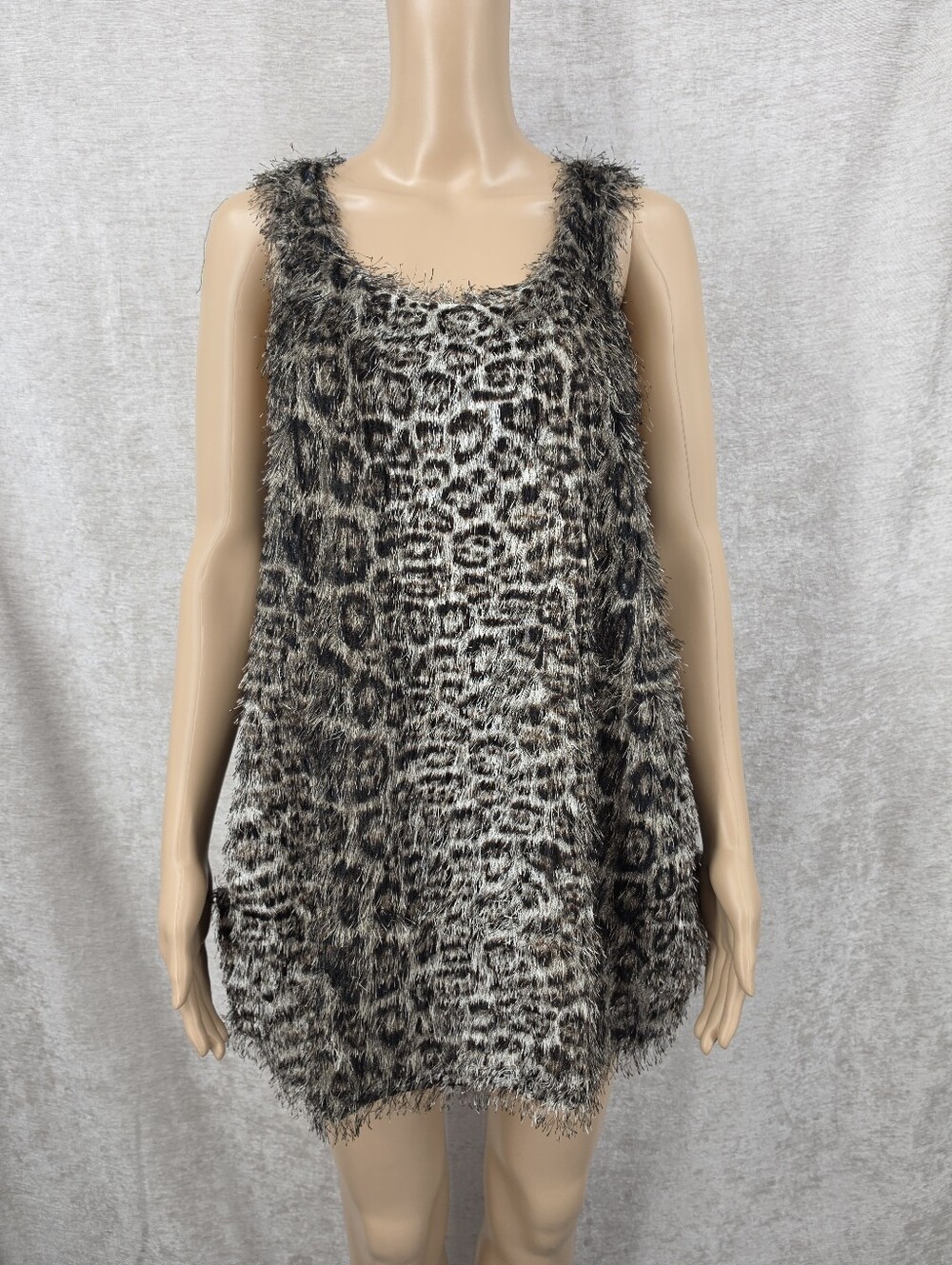 Y2K Leopard Animal Print Eyelash Fringe Fuzzy Fabric Tunic Tank Top